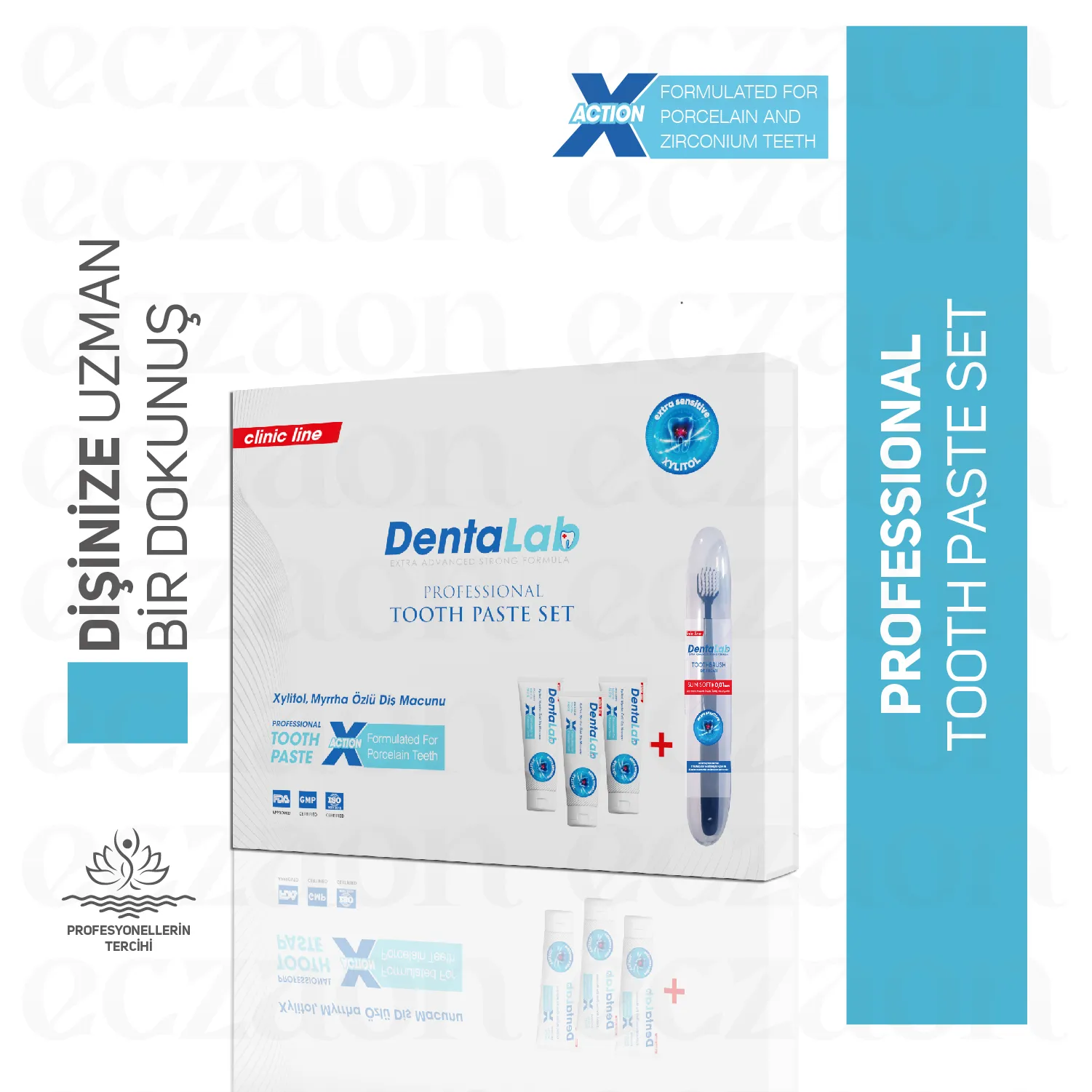 Clinic Line Professional Smiling Set                                                                                                        ( 1 pcs Porcelain Tooth Paste + Oral Care Sprey + 1 pcs Probiyotik Comlex Chewable Tablet + 1 pcs Tooth Brush + 1 P